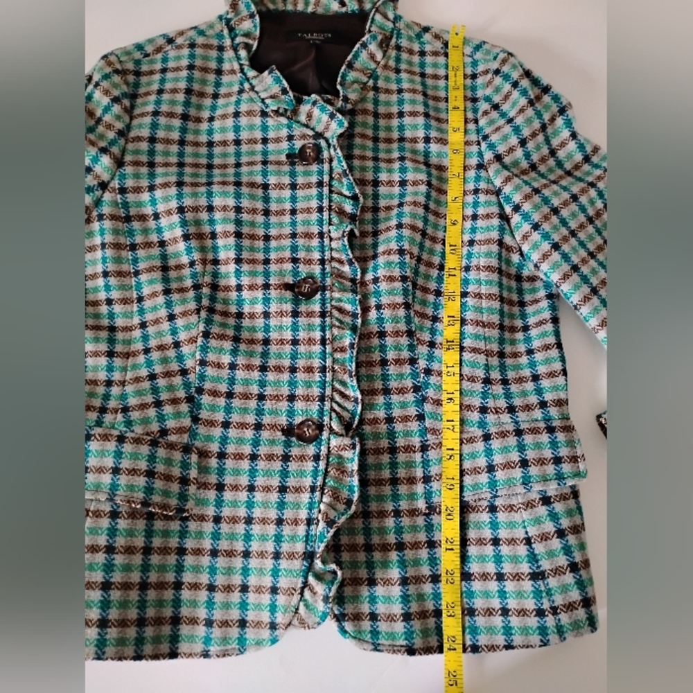 Talbots 100% Wool Ruffle Plaid Jacket Blazer Turquoise Blue Brown Classic Sz 12 - Picture 15 of 16